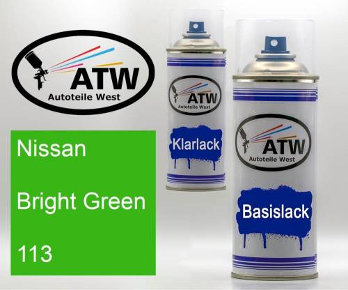 Nissan, Bright Green, 113: 400ml Sprühdose + 400ml Klarlack - Set, von ATW Autoteile West.